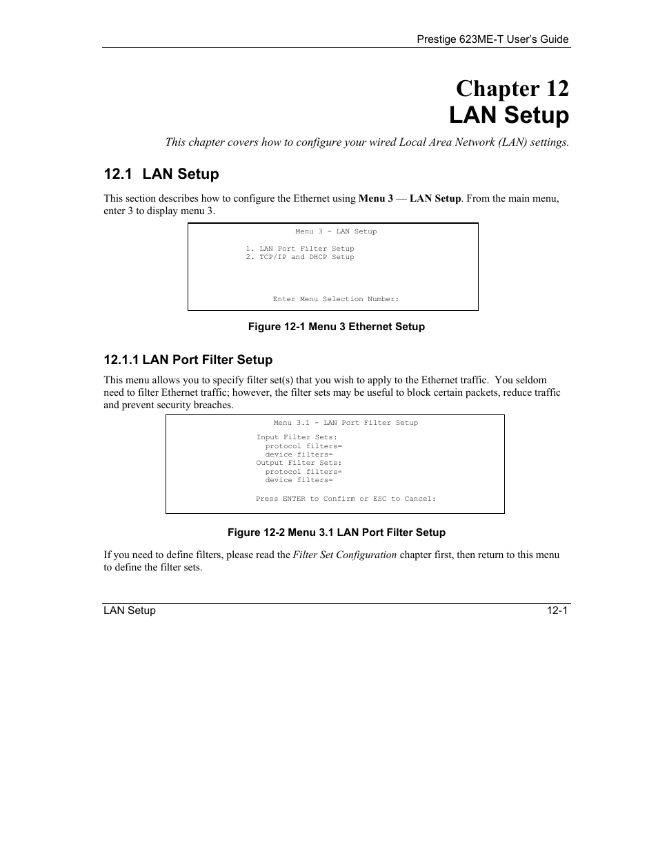 Lan setup, Chapter 12 lan setup, 1 lan setup | 1 lan port filter setup | ZyXEL Communications Prestige 623ME-T User Manual | Page 105 / 253