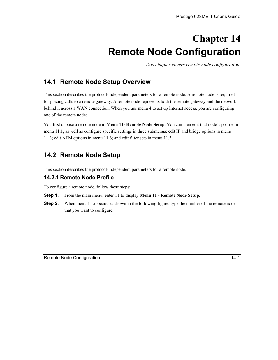 Remote node configuration, Remote node setup overview, Remote node setup | Chapter 14 remote node configuration, 1 remote node setup overview, 2 remote node setup | ZyXEL Communications Prestige 623ME-T User Manual | Page 113 / 253