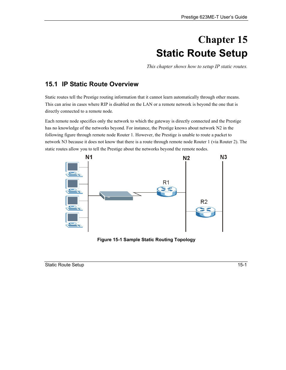 Static route setup, Ip static route overview, Chapter 15 static route setup | ZyXEL Communications Prestige 623ME-T User Manual | Page 127 / 253