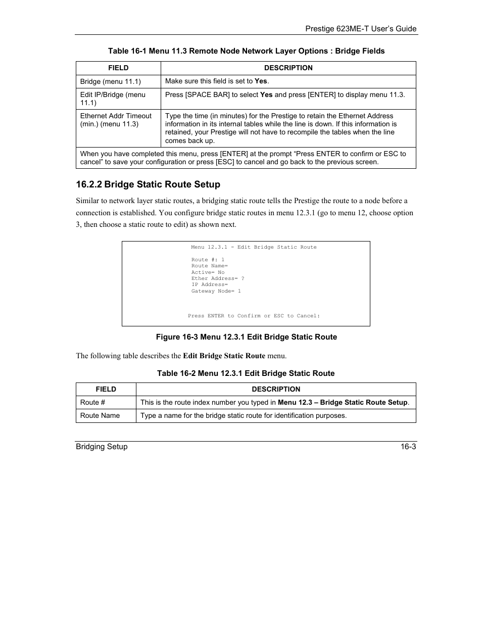 2 bridge static route setup | ZyXEL Communications Prestige 623ME-T User Manual | Page 133 / 253