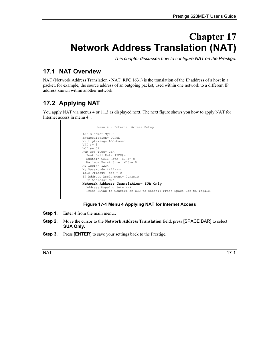 Network address translation (nat), Nat overview, Applying nat | Chapter 17 network address translation (nat), 1 nat overview, 2 applying nat | ZyXEL Communications Prestige 623ME-T User Manual | Page 135 / 253