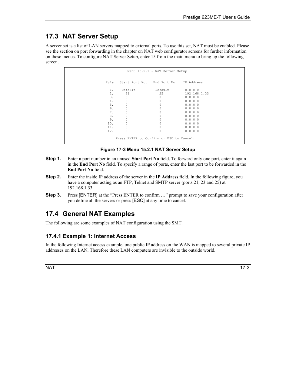 Nat server setup, General nat examples, 3 nat server setup | 4 general nat examples, 1 example 1: internet access | ZyXEL Communications Prestige 623ME-T User Manual | Page 137 / 253