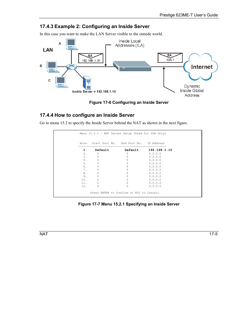 3 example 2: configuring an inside server, 4 how to configure an inside server | ZyXEL Communications Prestige 623ME-T User Manual | Page 139 / 253