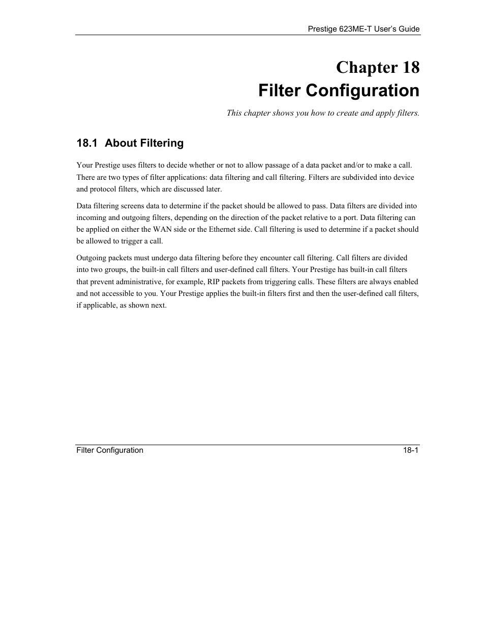 Filter configuration, About filtering, Chapter 18 filter configuration | ZyXEL Communications Prestige 623ME-T User Manual | Page 143 / 253