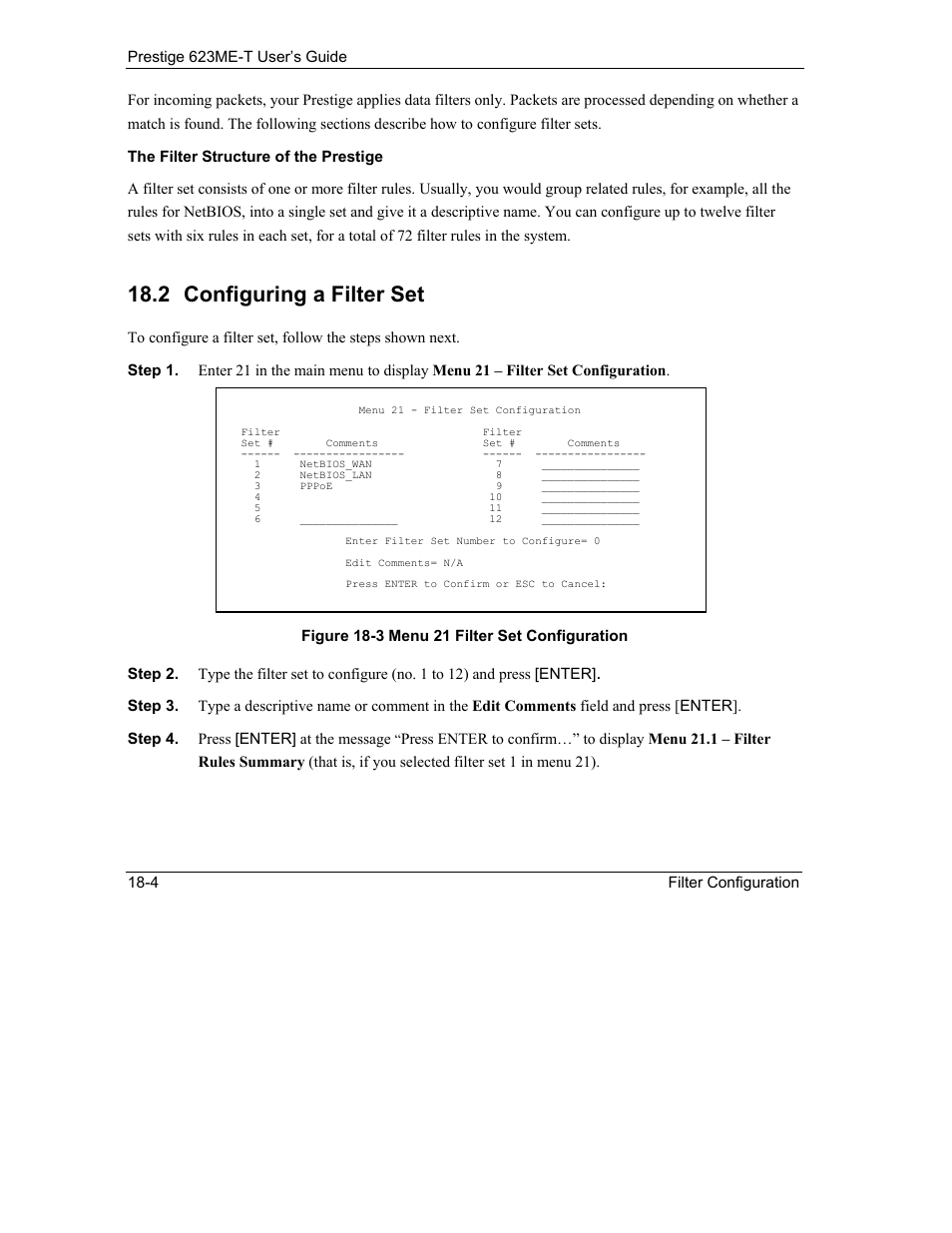 Configuring a filter set, 2 configuring a filter set | ZyXEL Communications Prestige 623ME-T User Manual | Page 146 / 253