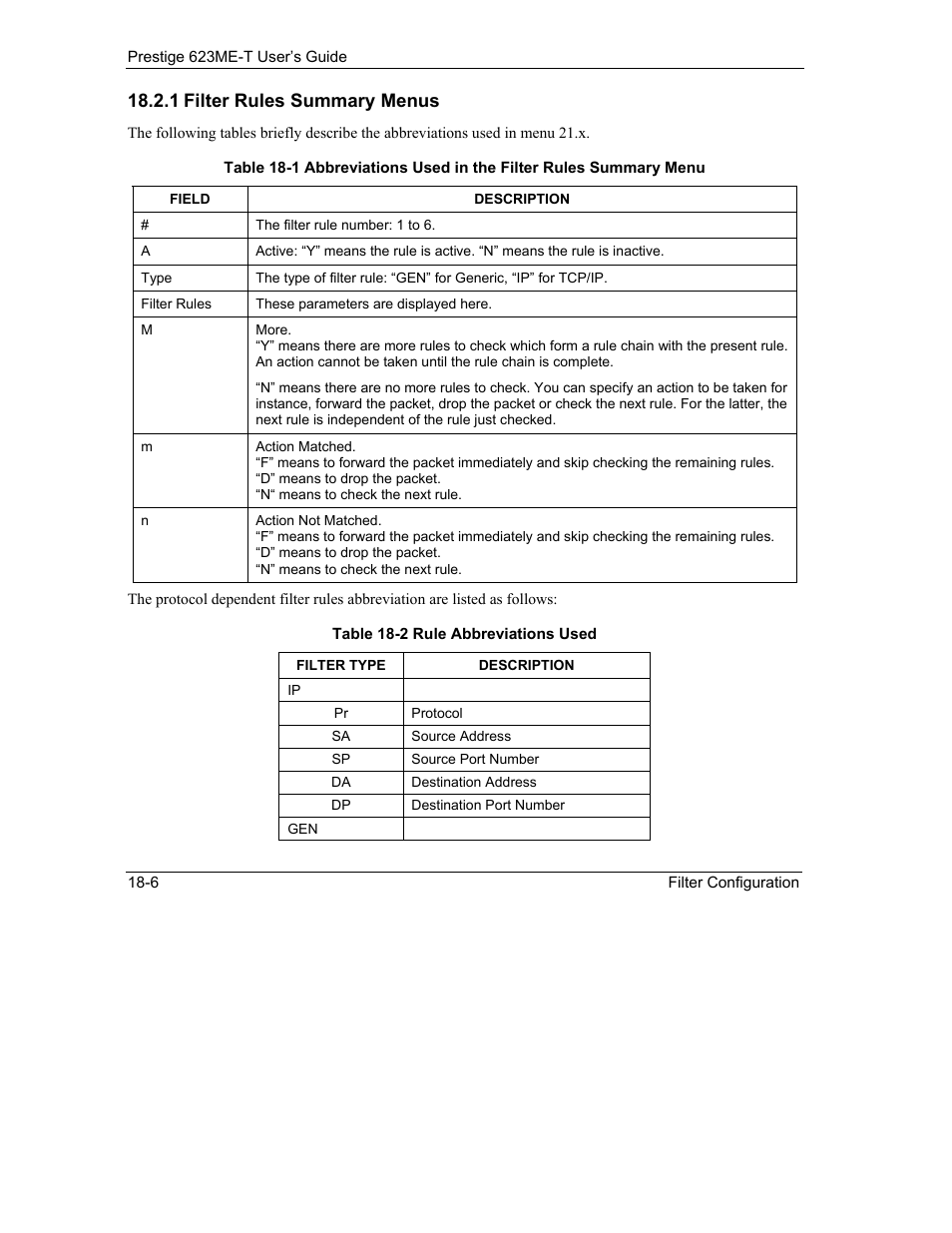 1 filter rules summary menus | ZyXEL Communications Prestige 623ME-T User Manual | Page 148 / 253