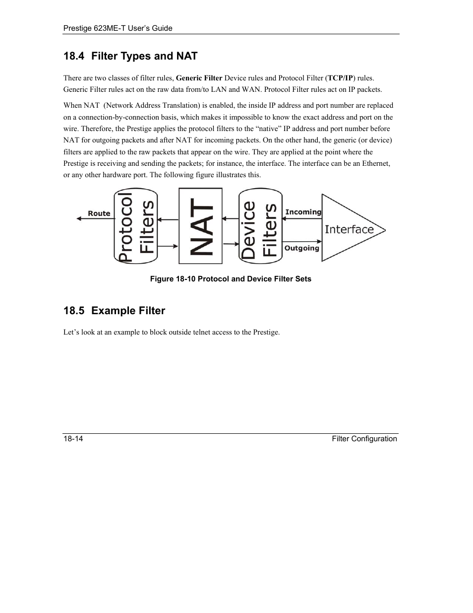 Filter types and nat, Example filter, 4 filter types and nat | 5 example filter | ZyXEL Communications Prestige 623ME-T User Manual | Page 156 / 253