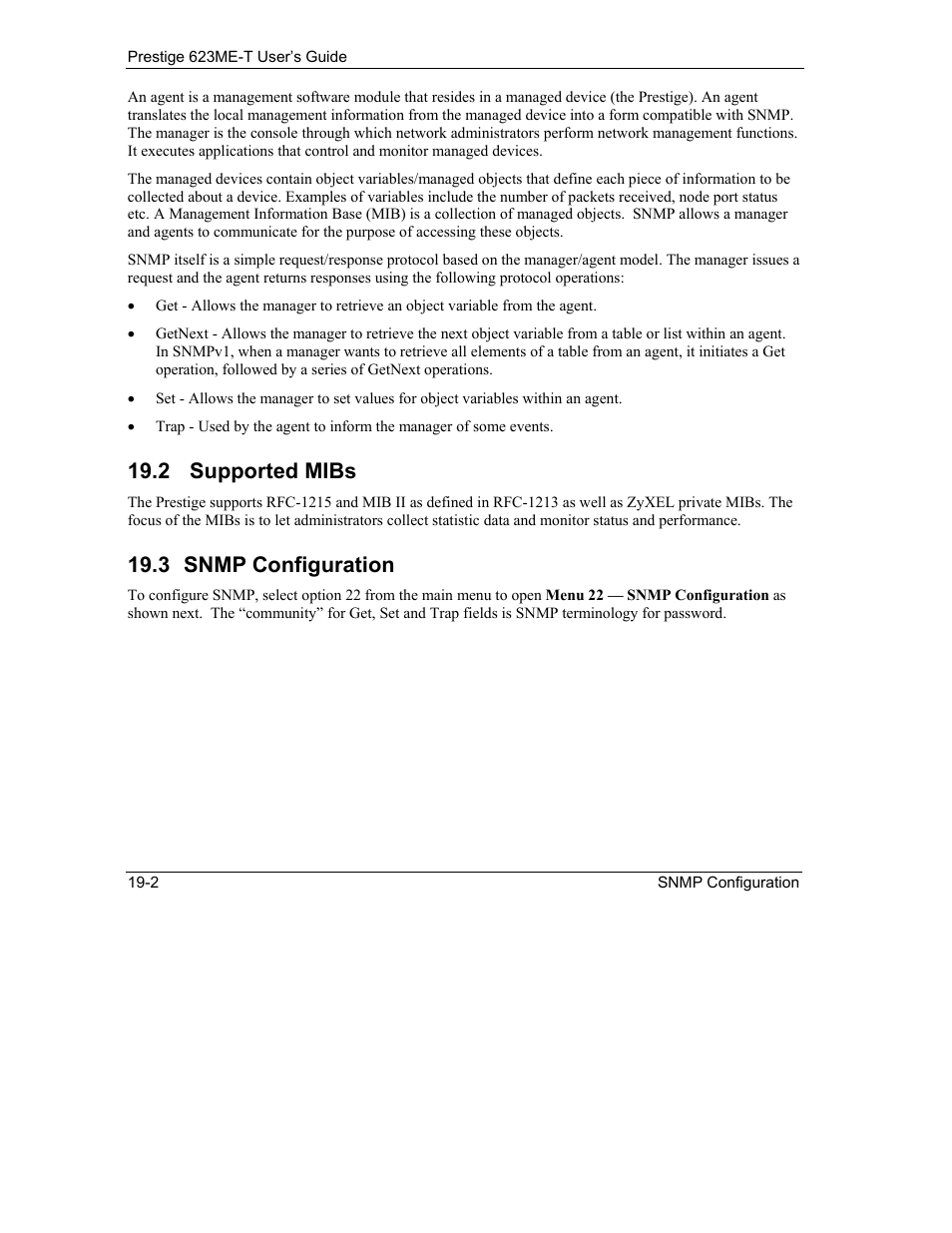 Supported mibs, Snmp configuration, 2 supported mibs | 3 snmp configuration | ZyXEL Communications Prestige 623ME-T User Manual | Page 164 / 253