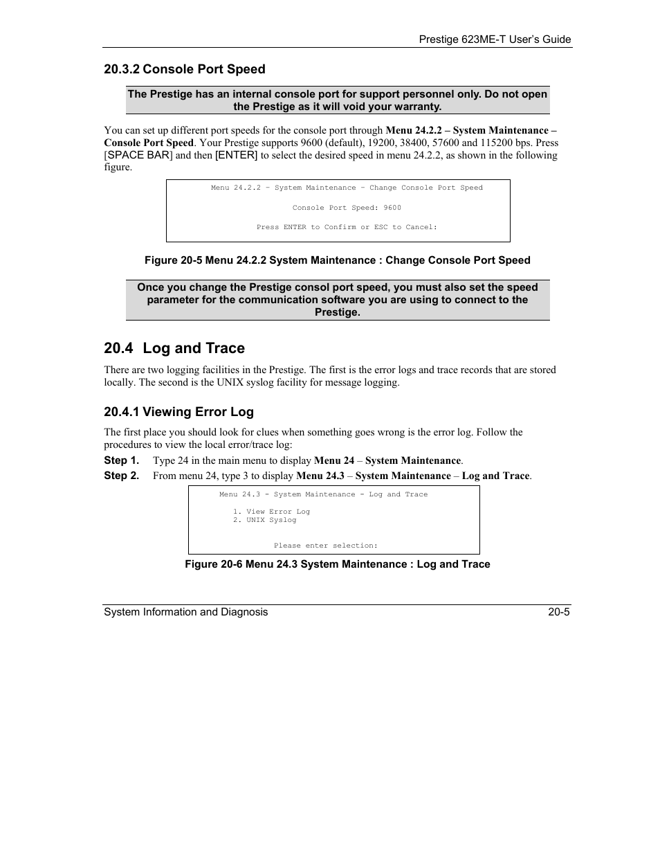 Log and trace, 4 log and trace, 2 console port speed | 1 viewing error log | ZyXEL Communications Prestige 623ME-T User Manual | Page 171 / 253