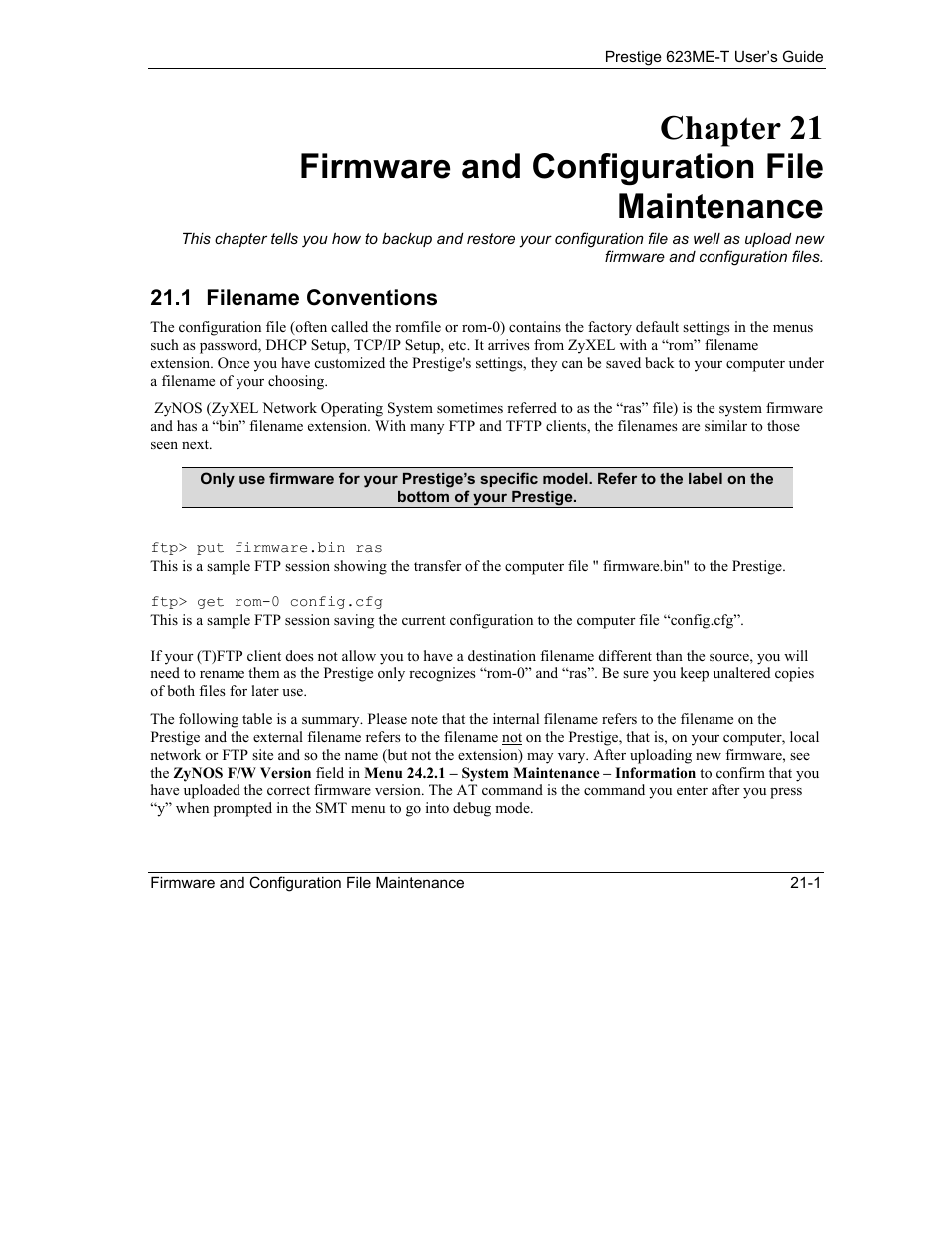 Firmware and configuration file maintenance, Filename conventions | ZyXEL Communications Prestige 623ME-T User Manual | Page 177 / 253