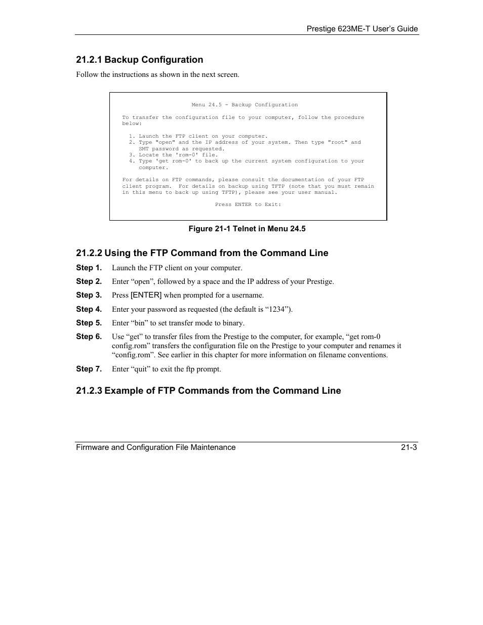 1 backup configuration, 2 using the ftp command from the command line, 3 example of ftp commands from the command line | ZyXEL Communications Prestige 623ME-T User Manual | Page 179 / 253
