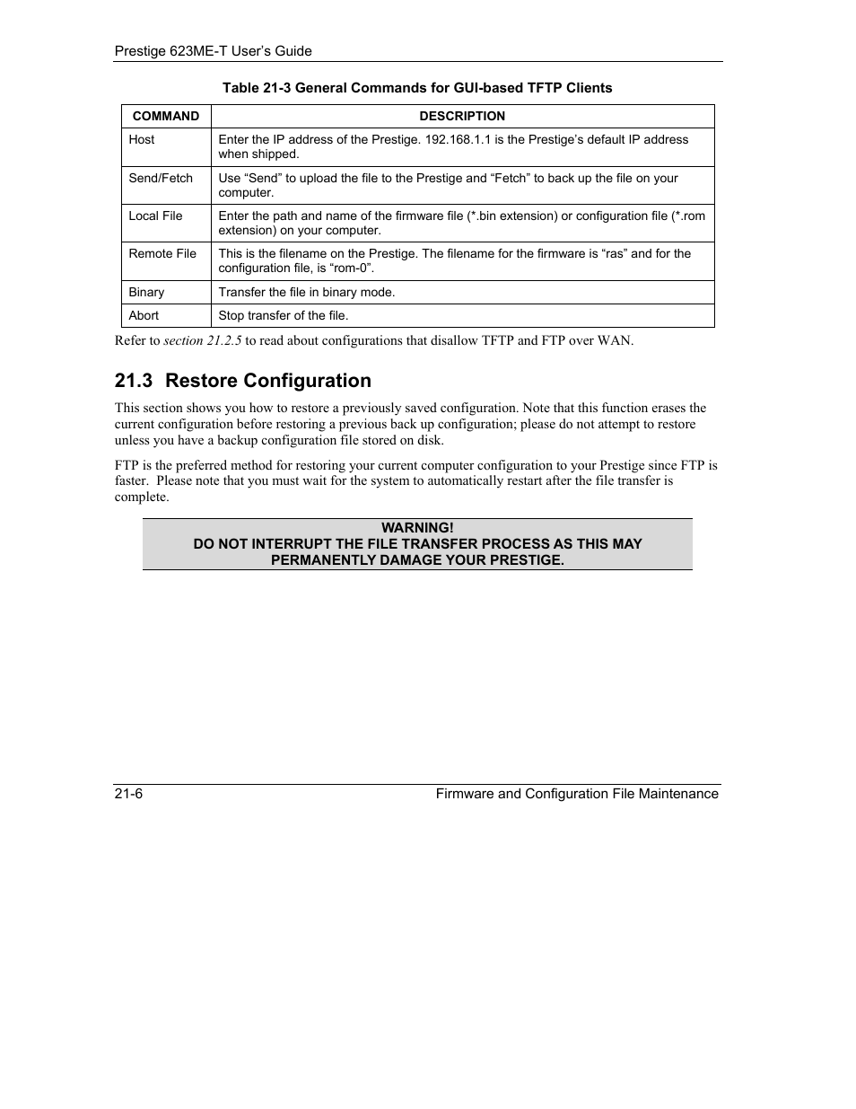 Restore configuration, 3 restore configuration | ZyXEL Communications Prestige 623ME-T User Manual | Page 182 / 253