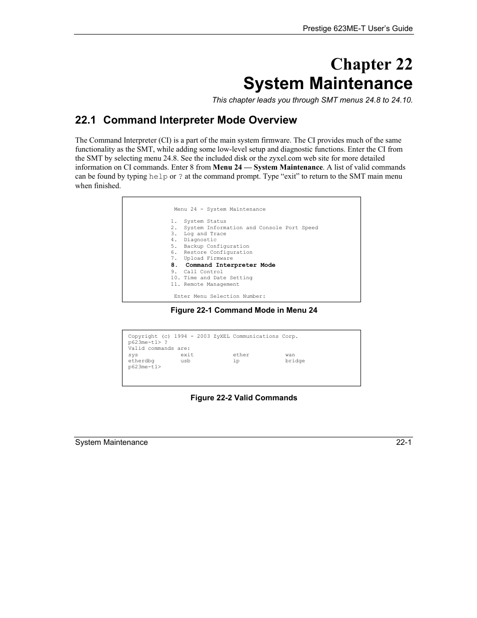 System maintenance, Command interpreter mode overview, Chapter 22 system maintenance | 1 command interpreter mode overview | ZyXEL Communications Prestige 623ME-T User Manual | Page 189 / 253