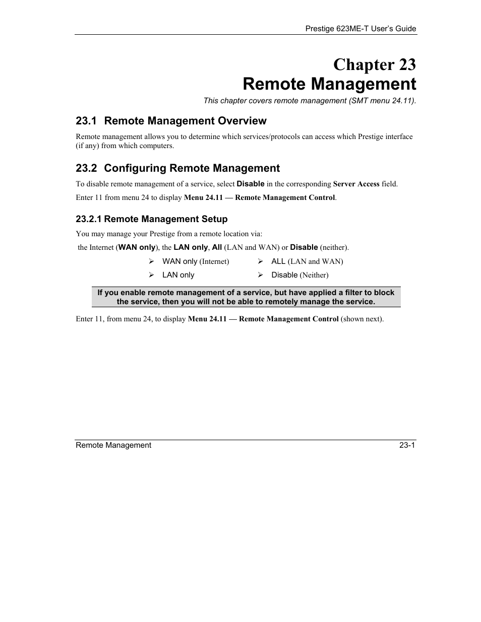 Remote management, Remote management overview, Configuring remote management | Chapter 23 remote management, 1 remote management overview, 2 configuring remote management | ZyXEL Communications Prestige 623ME-T User Manual | Page 195 / 253