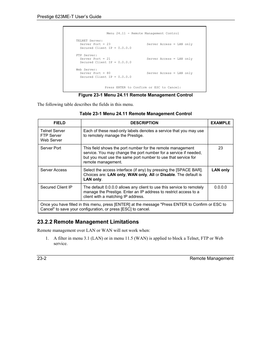 2 remote management limitations | ZyXEL Communications Prestige 623ME-T User Manual | Page 196 / 253