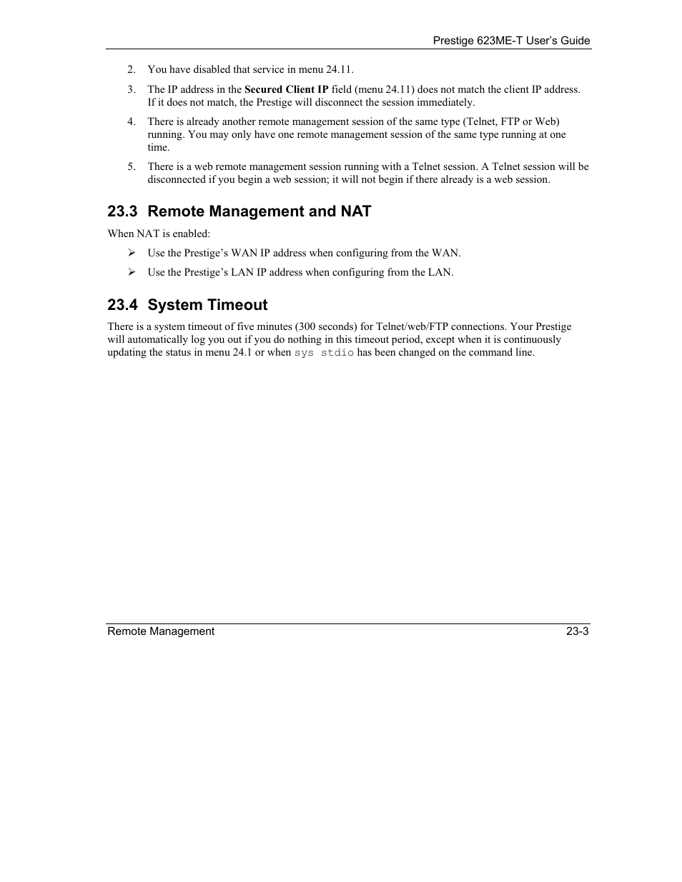 Remote management and nat, System timeout, 3 remote management and nat | 4 system timeout | ZyXEL Communications Prestige 623ME-T User Manual | Page 197 / 253