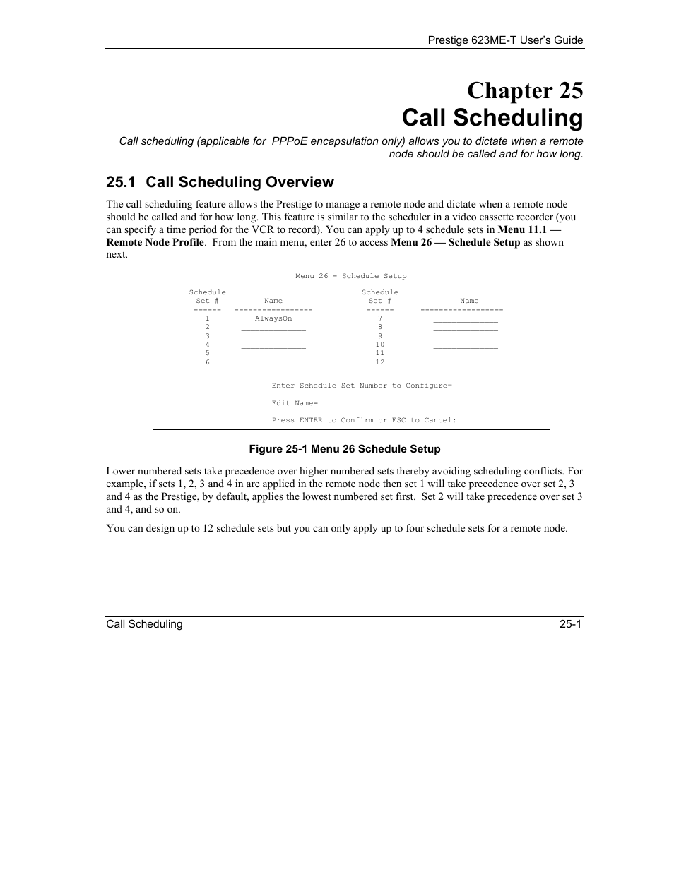 Call scheduling, Call scheduling overview, Chapter 25 call scheduling | 1 call scheduling overview | ZyXEL Communications Prestige 623ME-T User Manual | Page 209 / 253