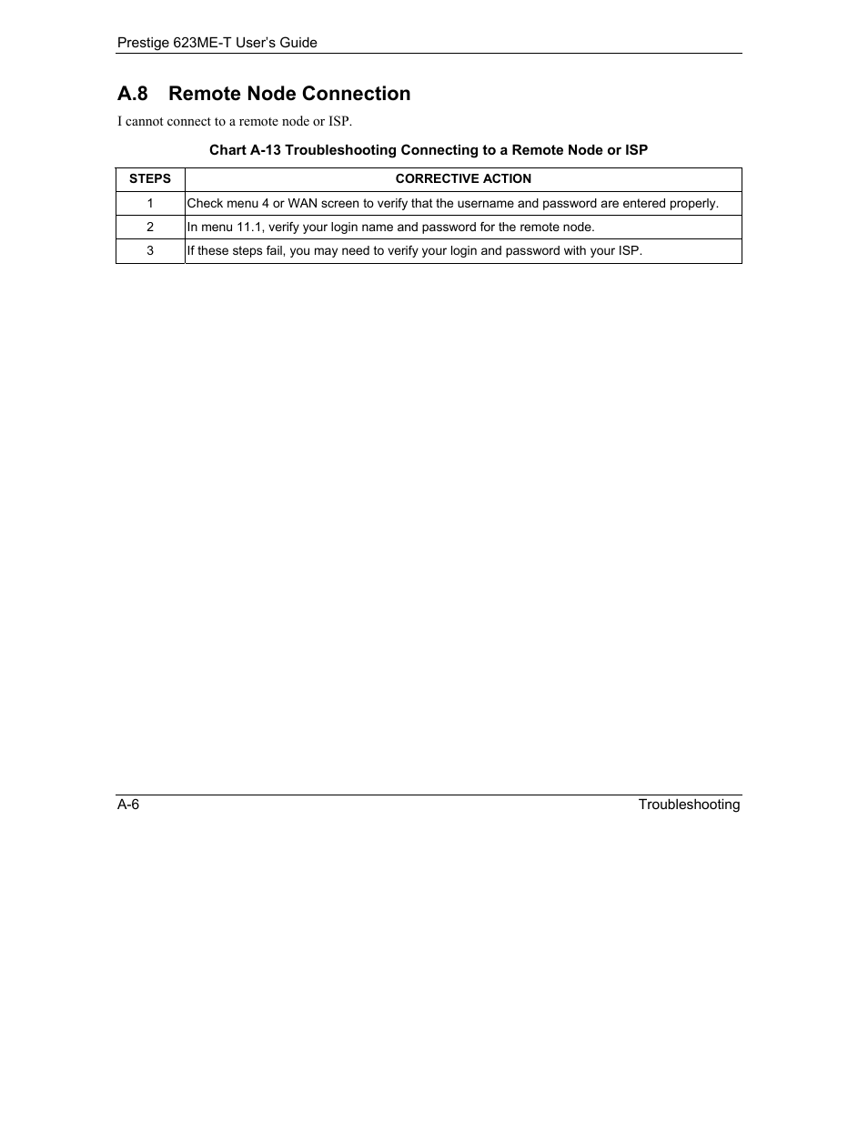 Remote node connection, A.8 remote node connection | ZyXEL Communications Prestige 623ME-T User Manual | Page 220 / 253