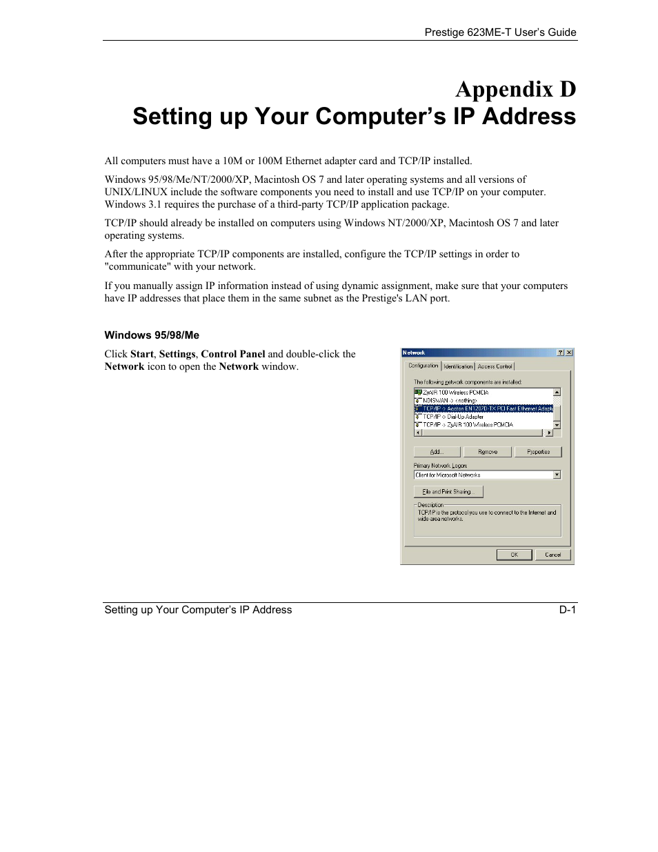 Setting up your computer’s ip address, Windows 95/98/me, Appendix d setting up your computer’s ip address | ZyXEL Communications Prestige 623ME-T User Manual | Page 231 / 253