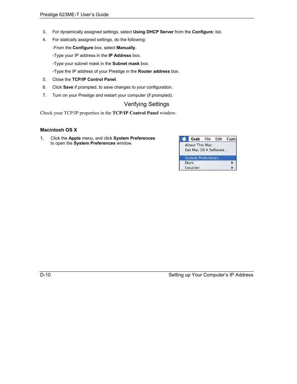 Macintosh os x, Verifying settings | ZyXEL Communications Prestige 623ME-T User Manual | Page 240 / 253