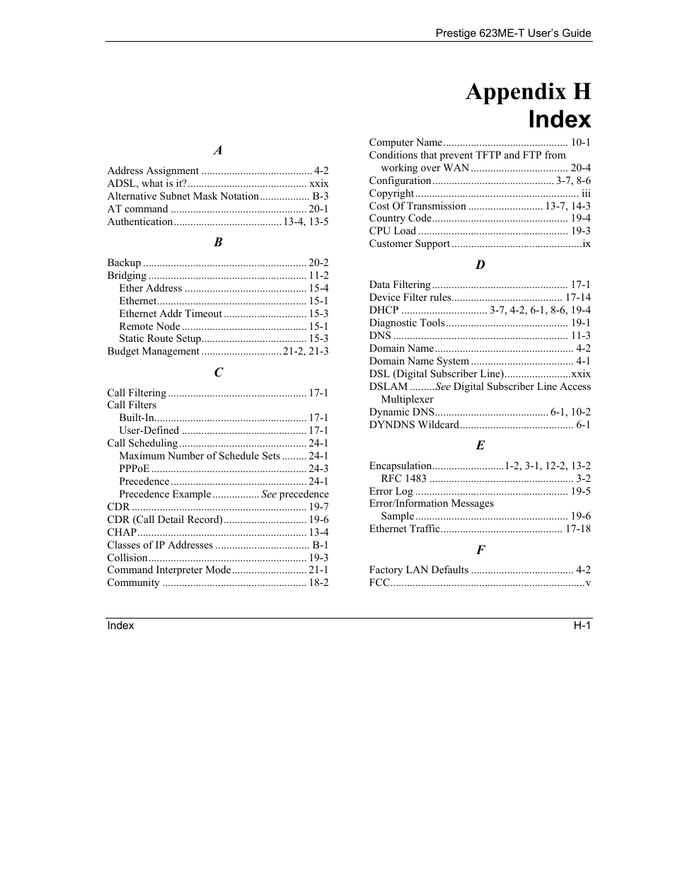 Index, Appendix h index | ZyXEL Communications Prestige 623ME-T User Manual | Page 249 / 253