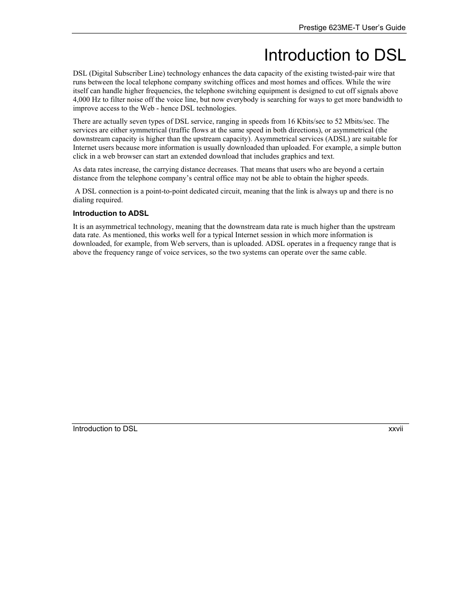 Introduction to adsl, Introduction to dsl | ZyXEL Communications Prestige 623ME-T User Manual | Page 27 / 253