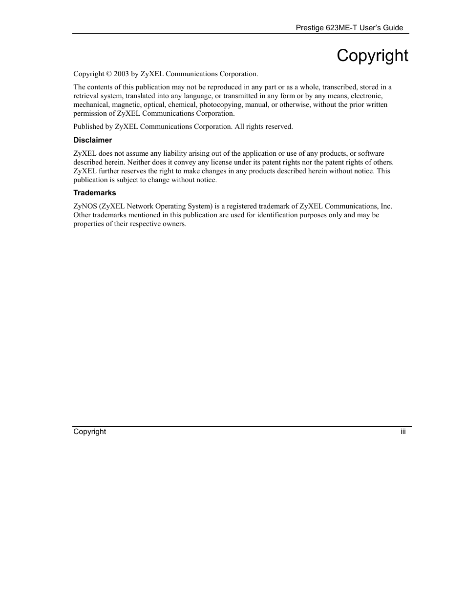 Copyright | ZyXEL Communications Prestige 623ME-T User Manual | Page 3 / 253