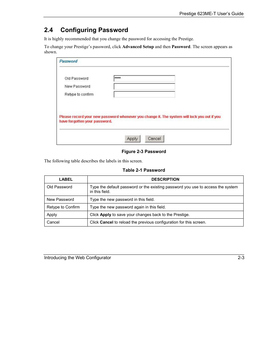 Configuring password, 4 configuring password | ZyXEL Communications Prestige 623ME-T User Manual | Page 37 / 253
