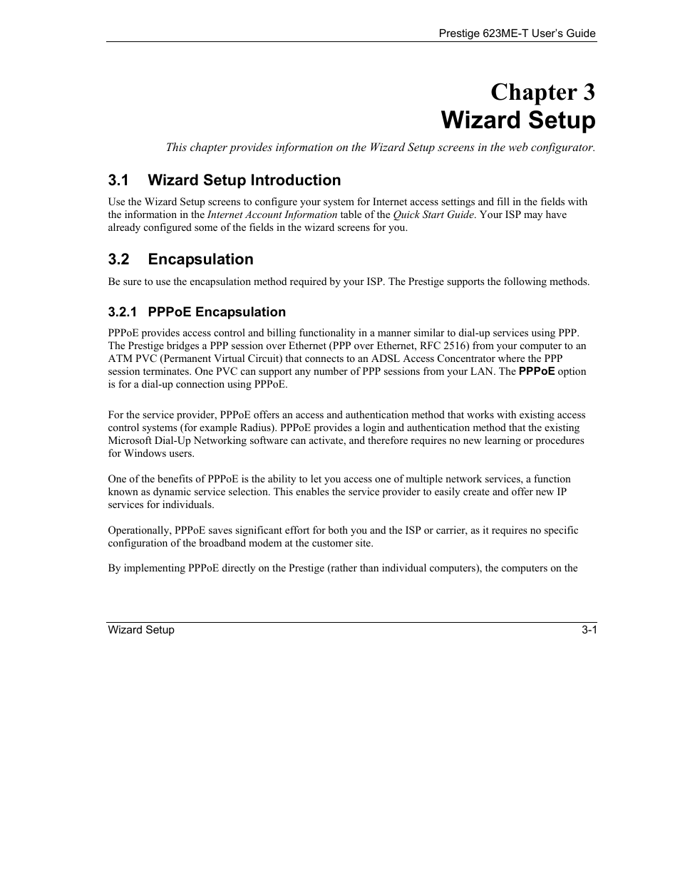 Wizard setup, Wizard setup introduction, Encapsulation | Chapter 3 wizard setup | ZyXEL Communications Prestige 623ME-T User Manual | Page 39 / 253