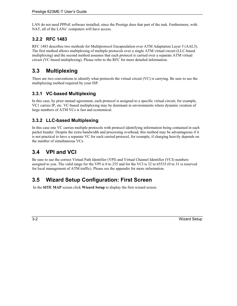Multiplexing, Vpi and vci, Wizard setup configuration: first screen | 3 multiplexing, 4 vpi and vci, 5 wizard setup configuration: first screen | ZyXEL Communications Prestige 623ME-T User Manual | Page 40 / 253