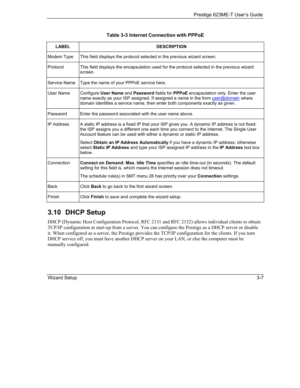 Dhcp setup, 10 dhcp setup | ZyXEL Communications Prestige 623ME-T User Manual | Page 45 / 253
