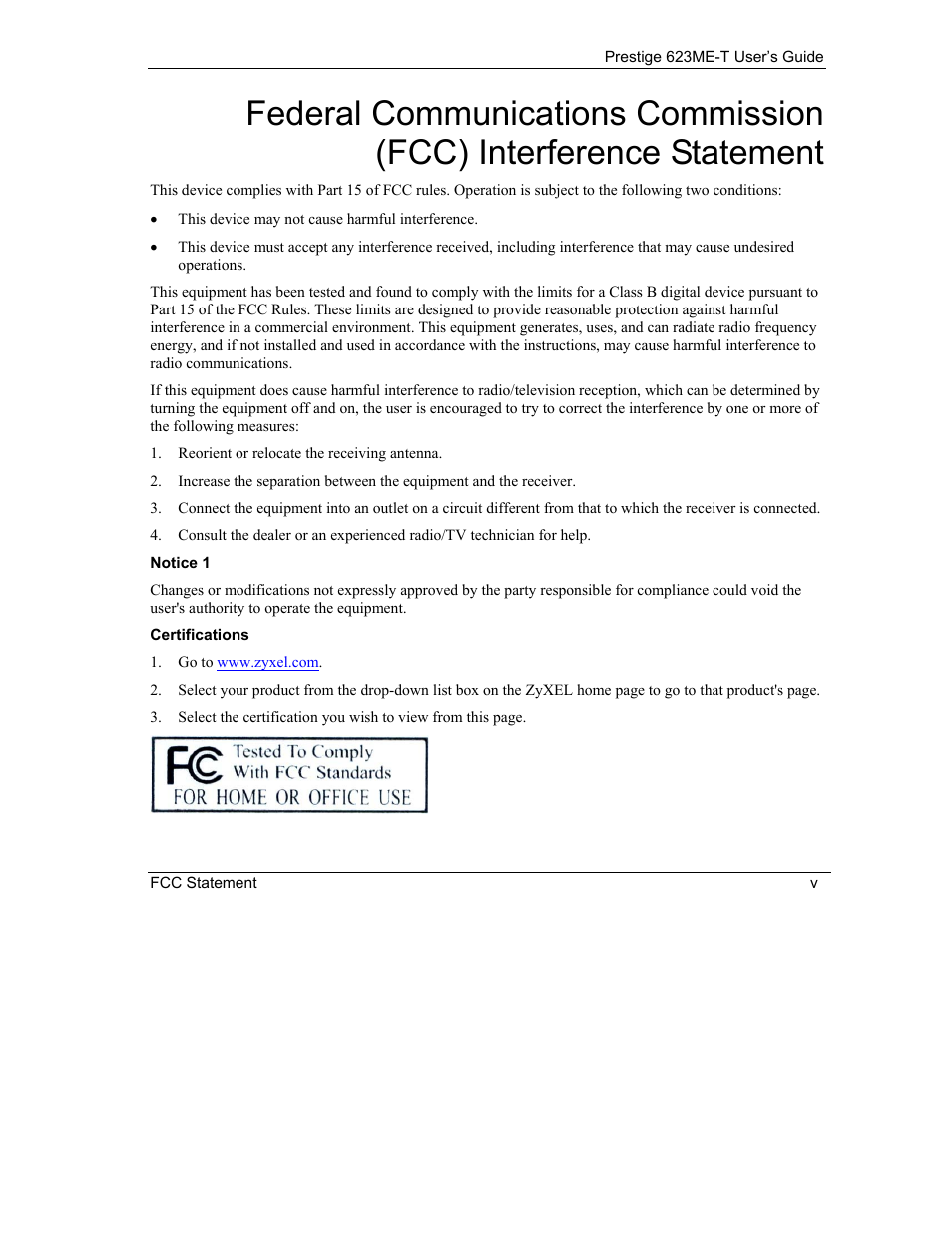 Fcc interference statement | ZyXEL Communications Prestige 623ME-T User Manual | Page 5 / 253