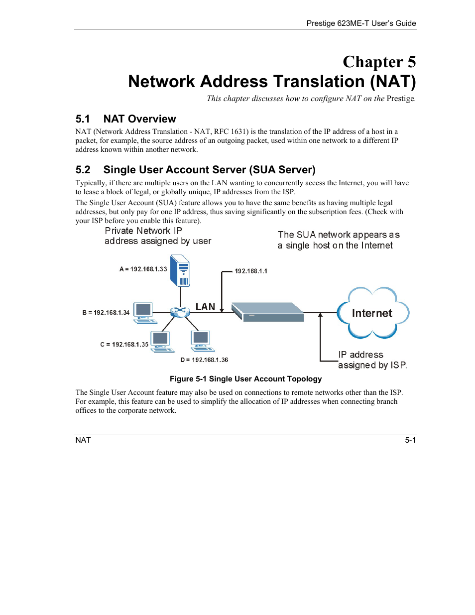 Network address translation (nat), Nat overview, Single user account server (sua server) | Chapter 5 network address translation (nat) | ZyXEL Communications Prestige 623ME-T User Manual | Page 57 / 253