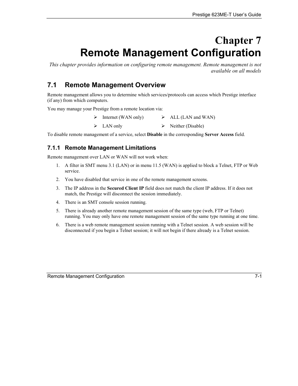 Remote management configuration, Remote management overview, Chapter 7 remote management configuration | 1 remote management overview | ZyXEL Communications Prestige 623ME-T User Manual | Page 67 / 253