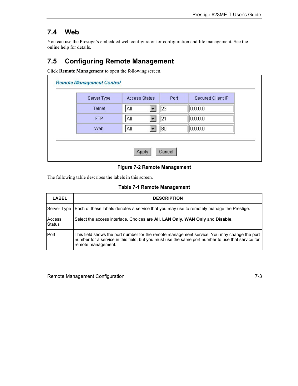 Configuring remote management, 4 web, 5 configuring remote management | ZyXEL Communications Prestige 623ME-T User Manual | Page 69 / 253