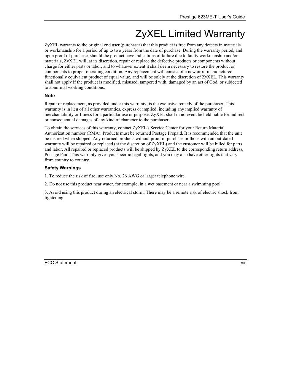Zyxel limited warranty | ZyXEL Communications Prestige 623ME-T User Manual | Page 7 / 253