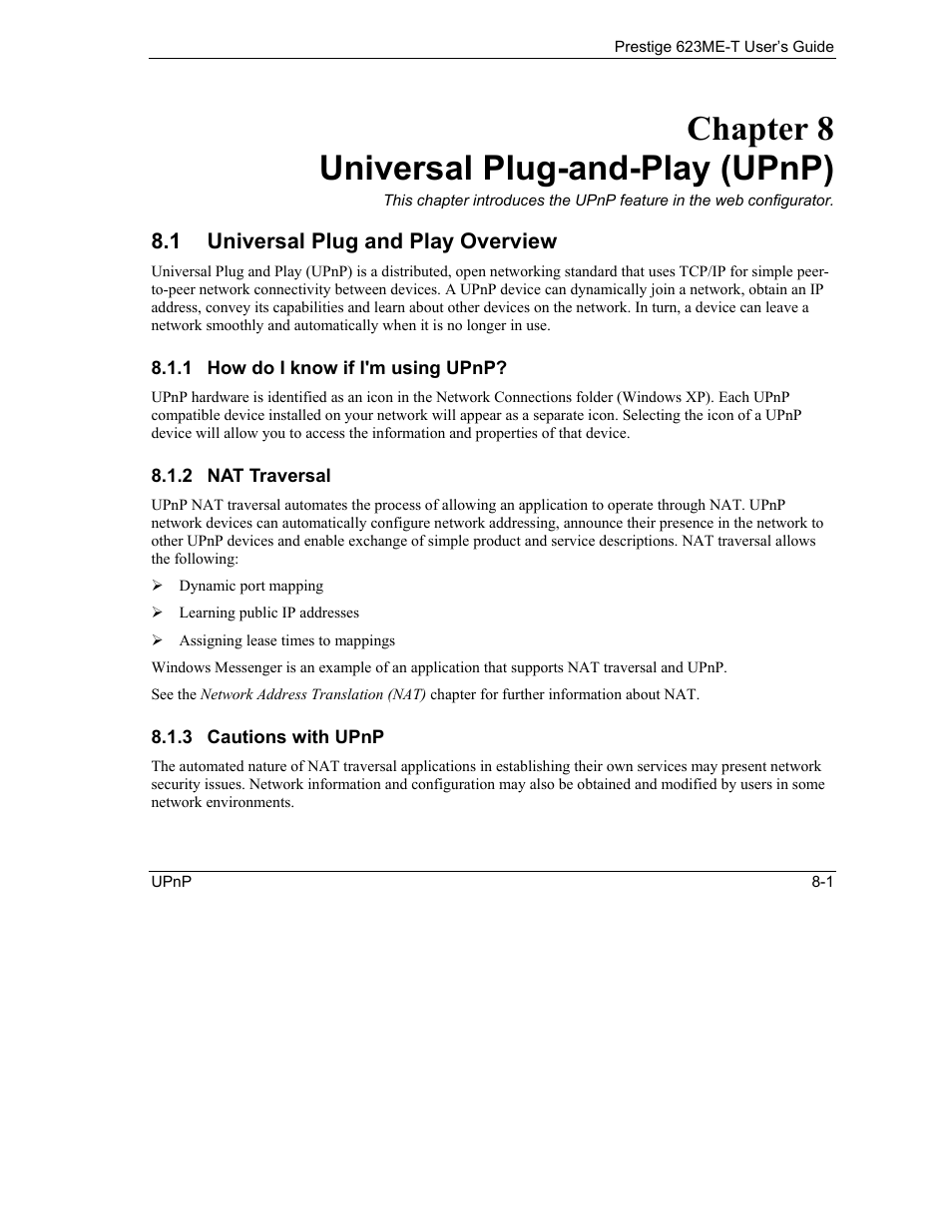 Universal plug-and-play (upnp), Universal plug and play overview, Chapter 8 universal plug-and-play (upnp) | ZyXEL Communications Prestige 623ME-T User Manual | Page 71 / 253