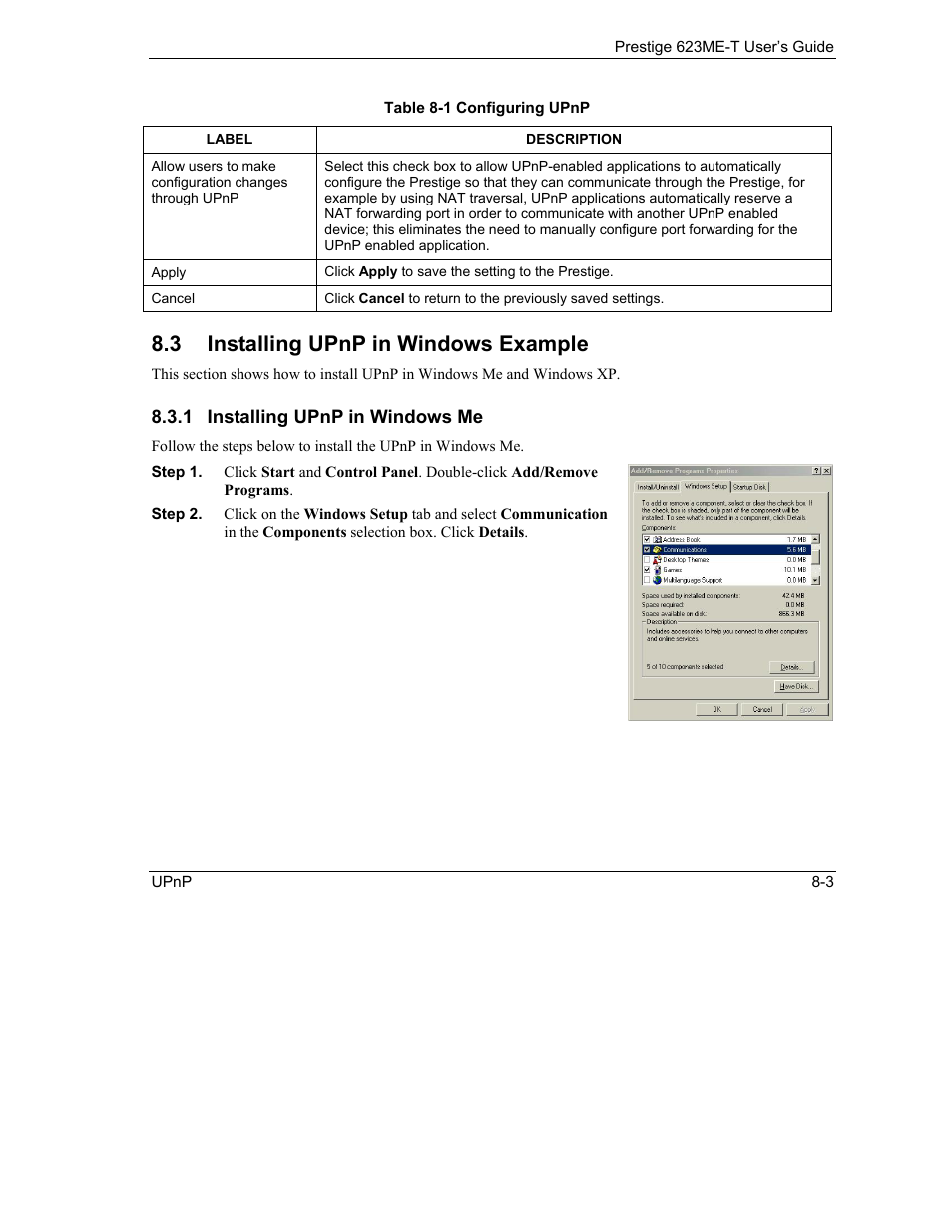 Installing upnp in windows example, 3 installing upnp in windows example | ZyXEL Communications Prestige 623ME-T User Manual | Page 73 / 253