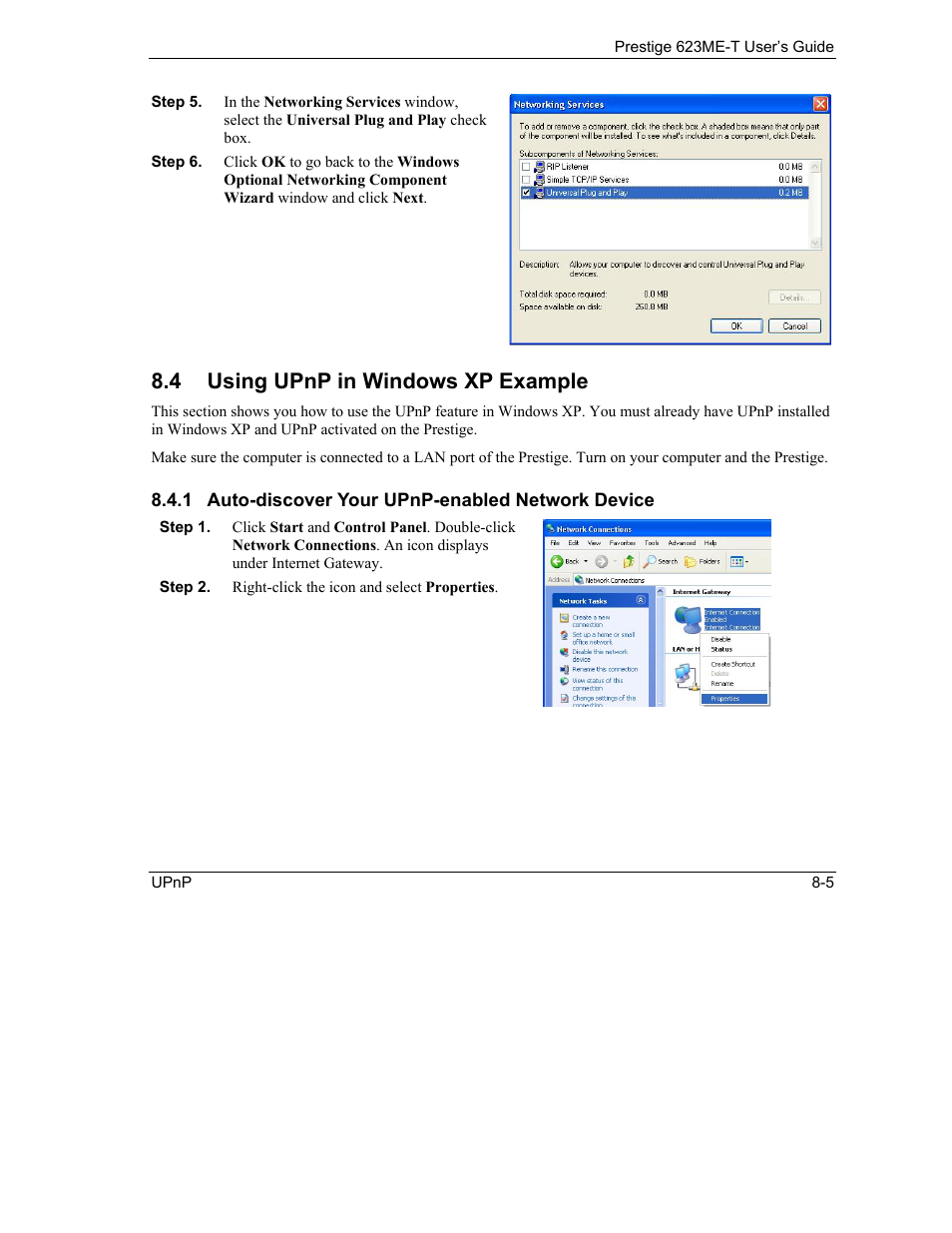 Using upnp in windows xp example, 4 using upnp in windows xp example | ZyXEL Communications Prestige 623ME-T User Manual | Page 75 / 253