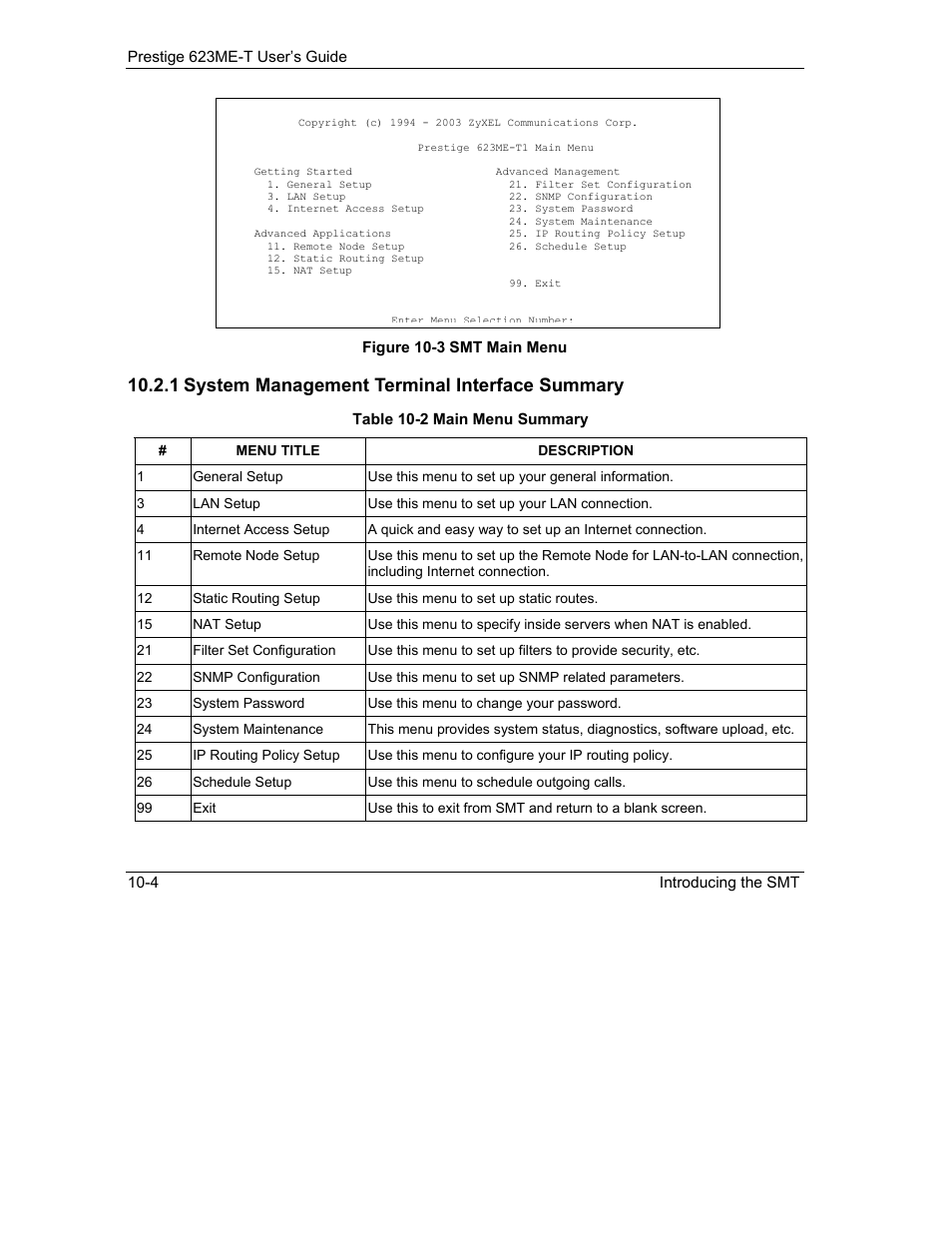 1 system management terminal interface summary | ZyXEL Communications Prestige 623ME-T User Manual | Page 98 / 253