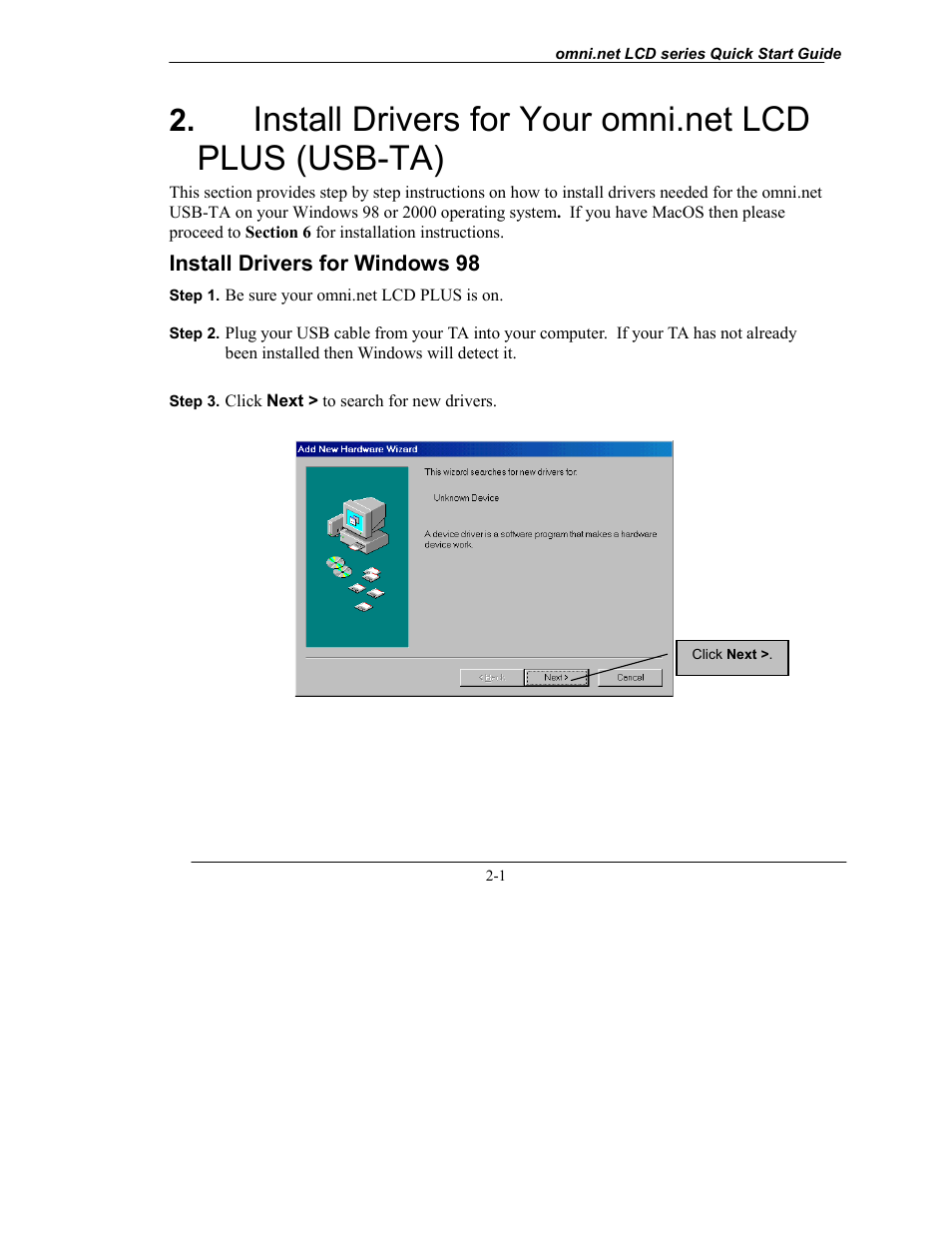 Install drivers for windows 98, Install driver and ppp setup for macos, Ot/ppp setup for macos | ZyXEL Communications omni.net LCD series User Manual | Page 13 / 53