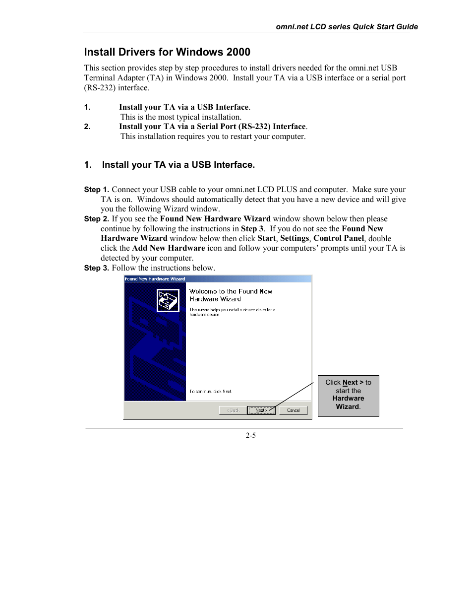 Install drivers for windows 2000, Install your ta via a usb interface | ZyXEL Communications omni.net LCD series User Manual | Page 17 / 53