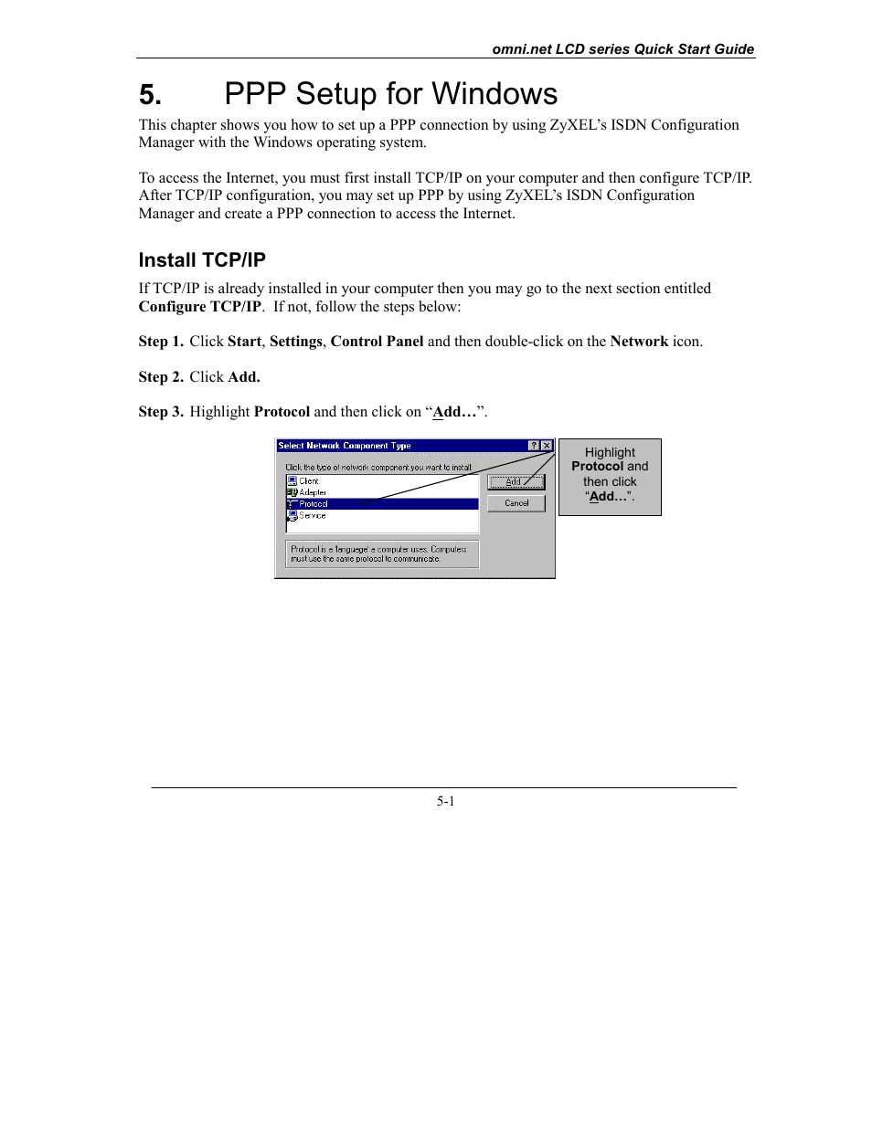 Ppp setup for windows, Install tcp/ip | ZyXEL Communications omni.net LCD series User Manual | Page 41 / 53