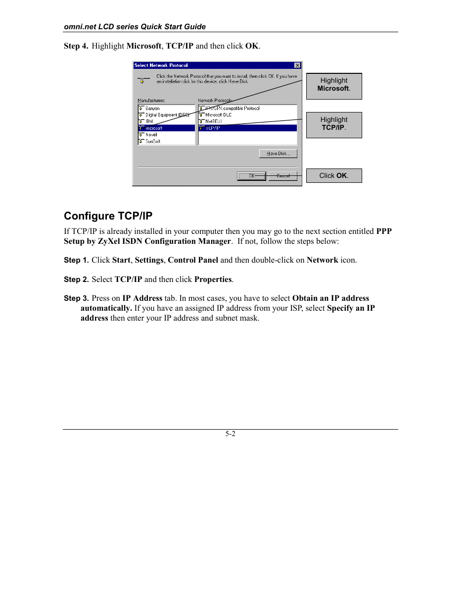 Configure tcp/ip | ZyXEL Communications omni.net LCD series User Manual | Page 42 / 53