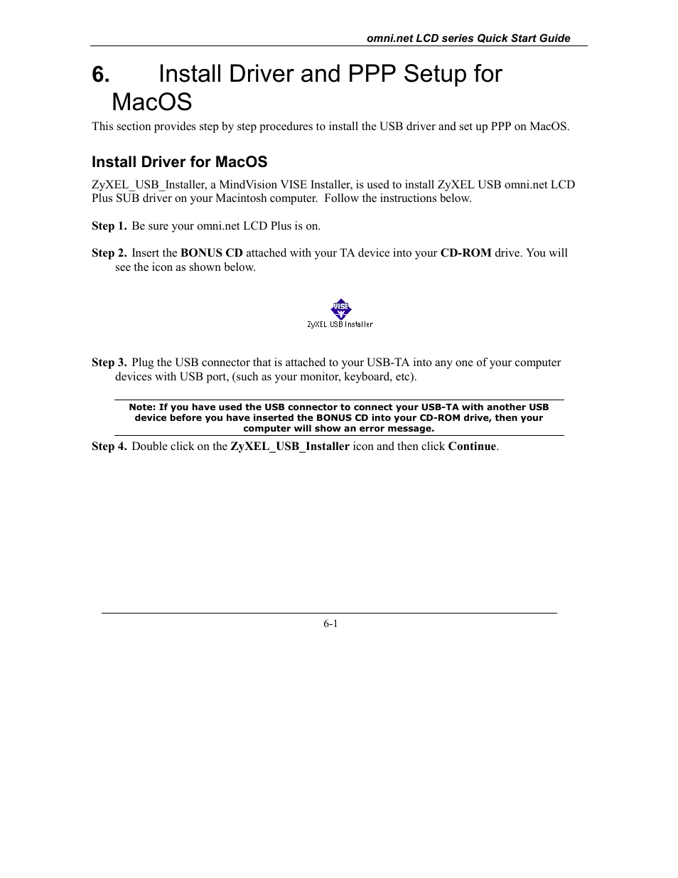 Install driver and ppp setup for macos, Install driver for macos | ZyXEL Communications omni.net LCD series User Manual | Page 47 / 53