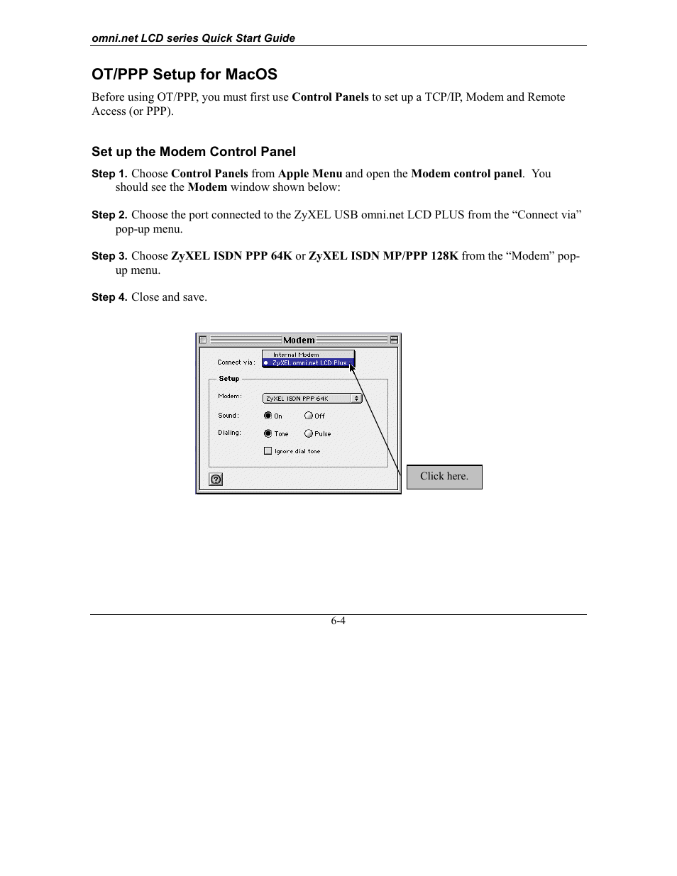 Ot/ppp setup for macos, Set up the modem control panel | ZyXEL Communications omni.net LCD series User Manual | Page 50 / 53
