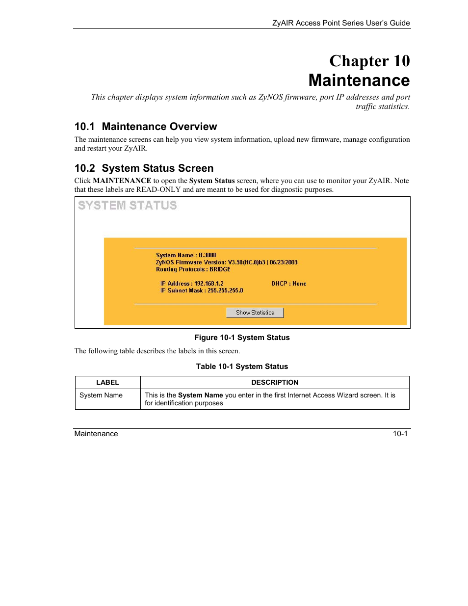 Maintenance, Maintenance overview, System status screen | Chapter 10 maintenance | ZyXEL Communications ZyXEL ZyAIR B-1000 User Manual | Page 101 / 231