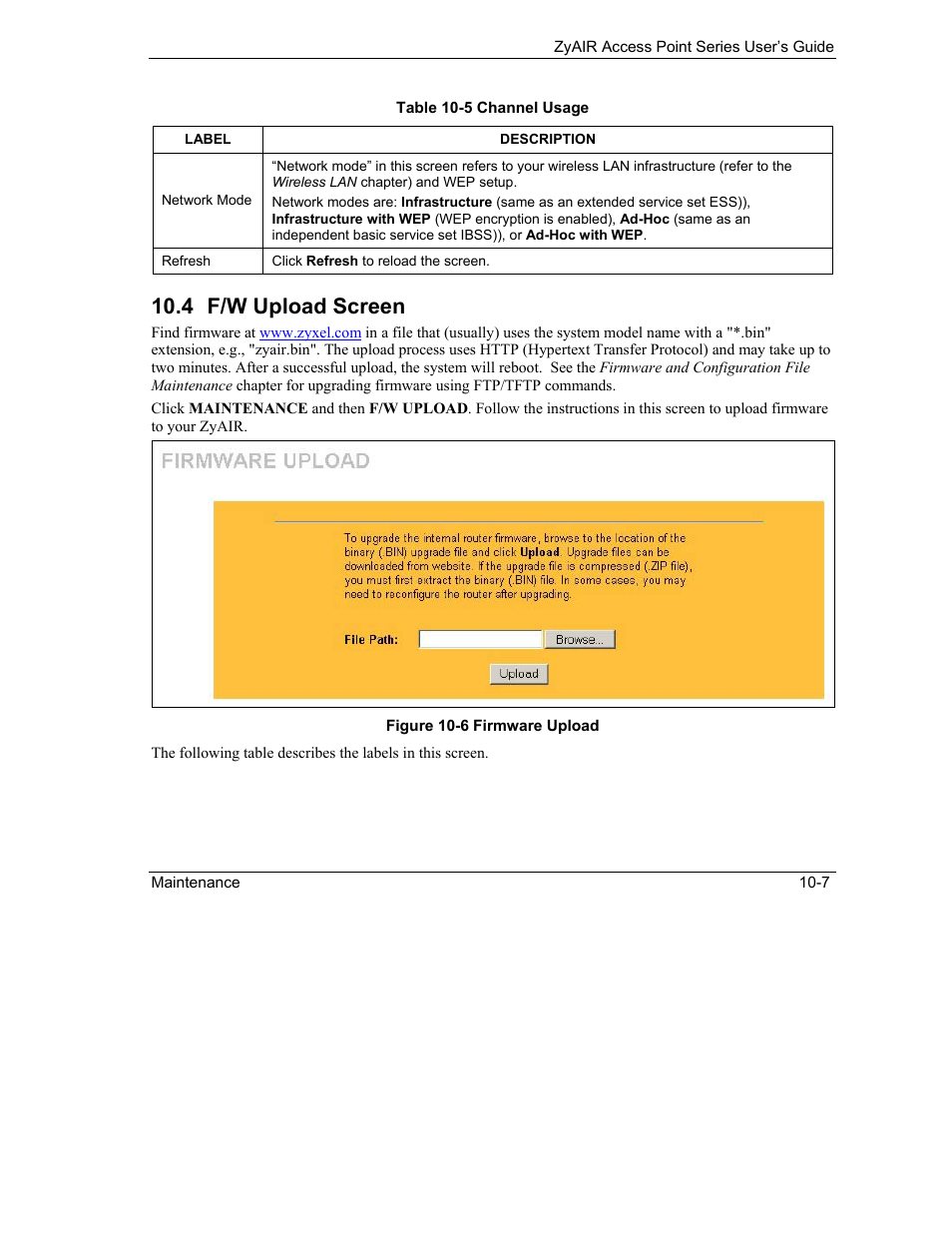 F/w upload screen, 4 f/w upload screen | ZyXEL Communications ZyXEL ZyAIR B-1000 User Manual | Page 107 / 231