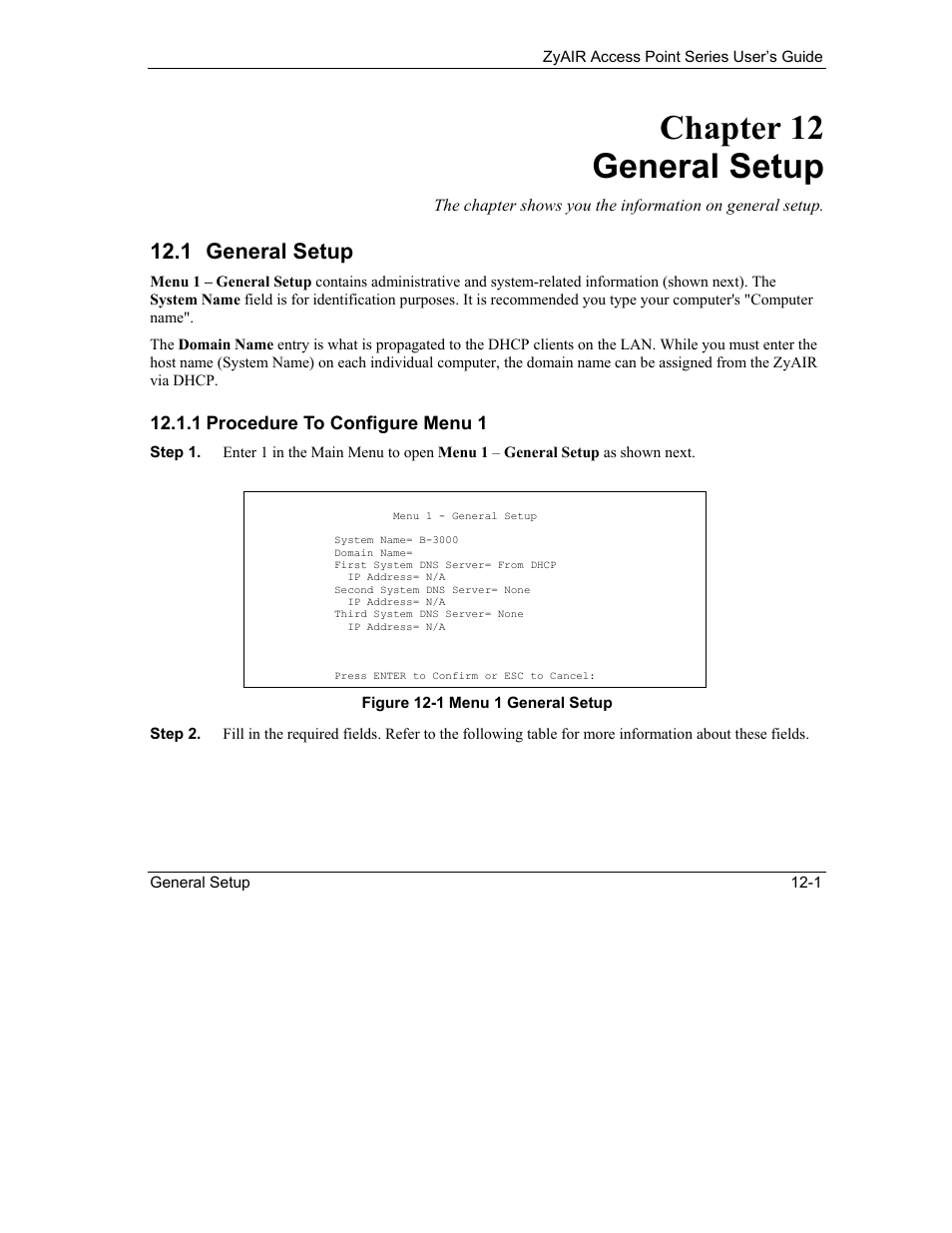 General setup, Chapter 12 general setup, 1 general setup | ZyXEL Communications ZyXEL ZyAIR B-1000 User Manual | Page 123 / 231