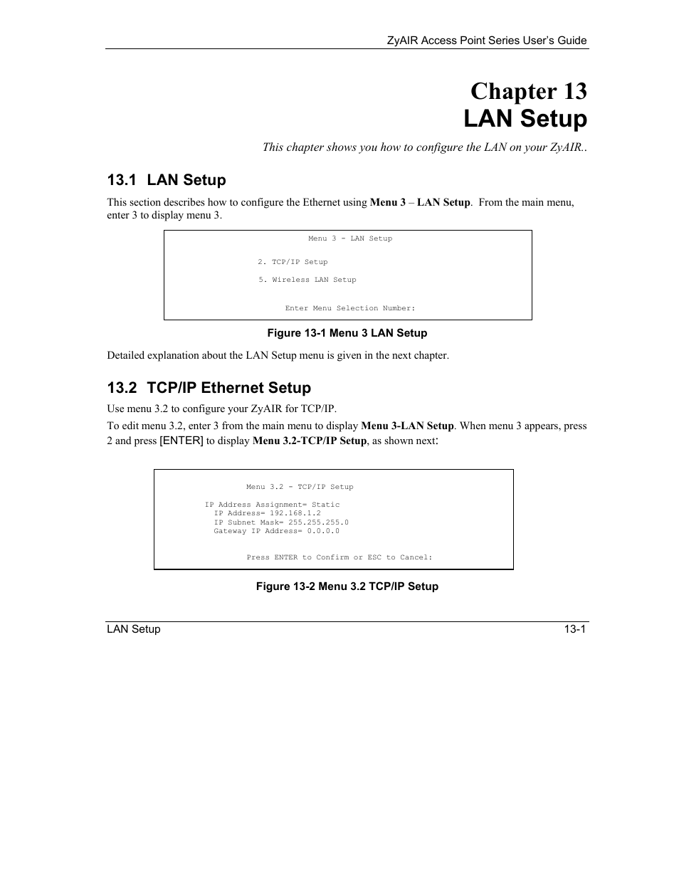 Lan setup, Tcp/ip ethernet setup, Chapter 13 lan setup | 1 lan setup, 2 tcp/ip ethernet setup | ZyXEL Communications ZyXEL ZyAIR B-1000 User Manual | Page 125 / 231